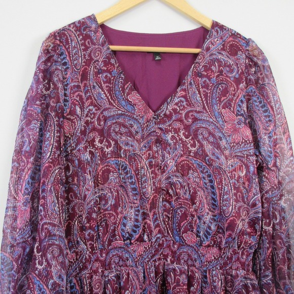 Talbots Paisley Midi Dress 14 Purple Long Puff Sleeve Casual Boho Floral 310 - Picture 5 of 12